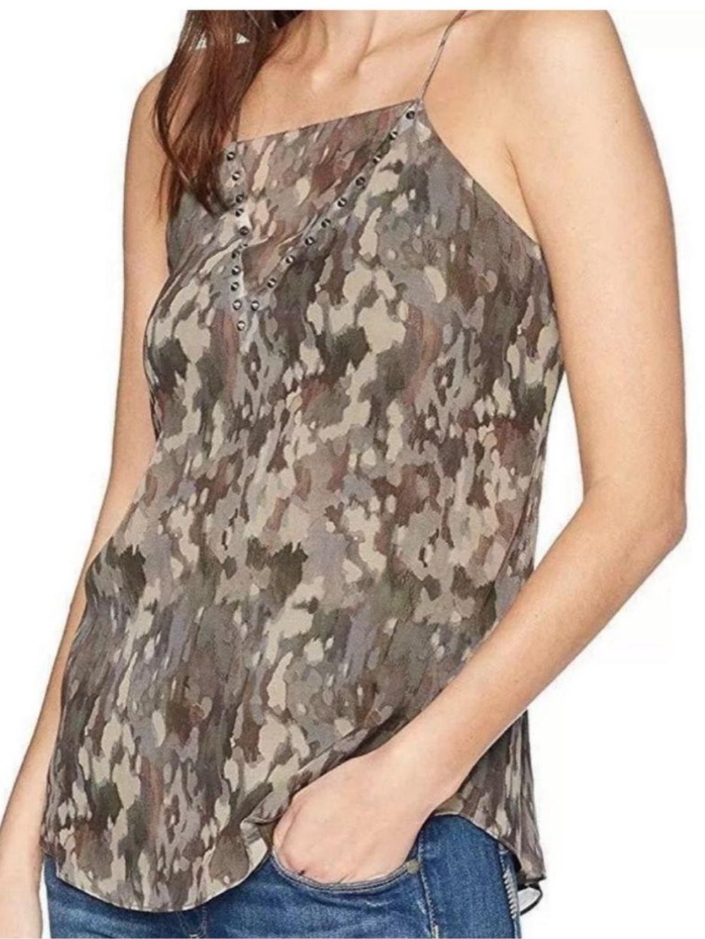 Haute Hippie Silk Sleeveless Camo-Print Spaghetti Strap Top - Olive Multi